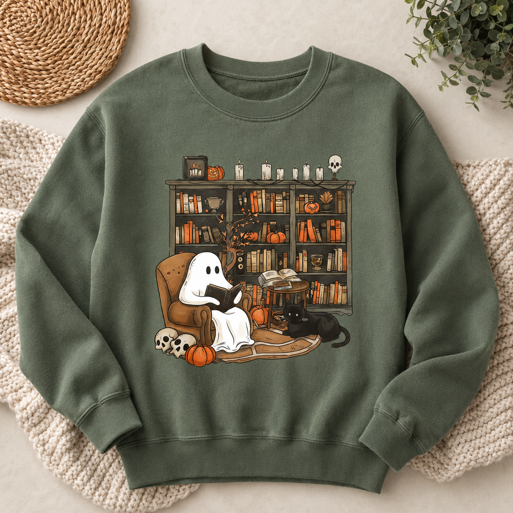 Cozy Ghost Reading Sweatshirt, Cute Halloween Library Crewneck, Spooky Book Lover Shirt, Black Cat Pumpkin Fall Gift