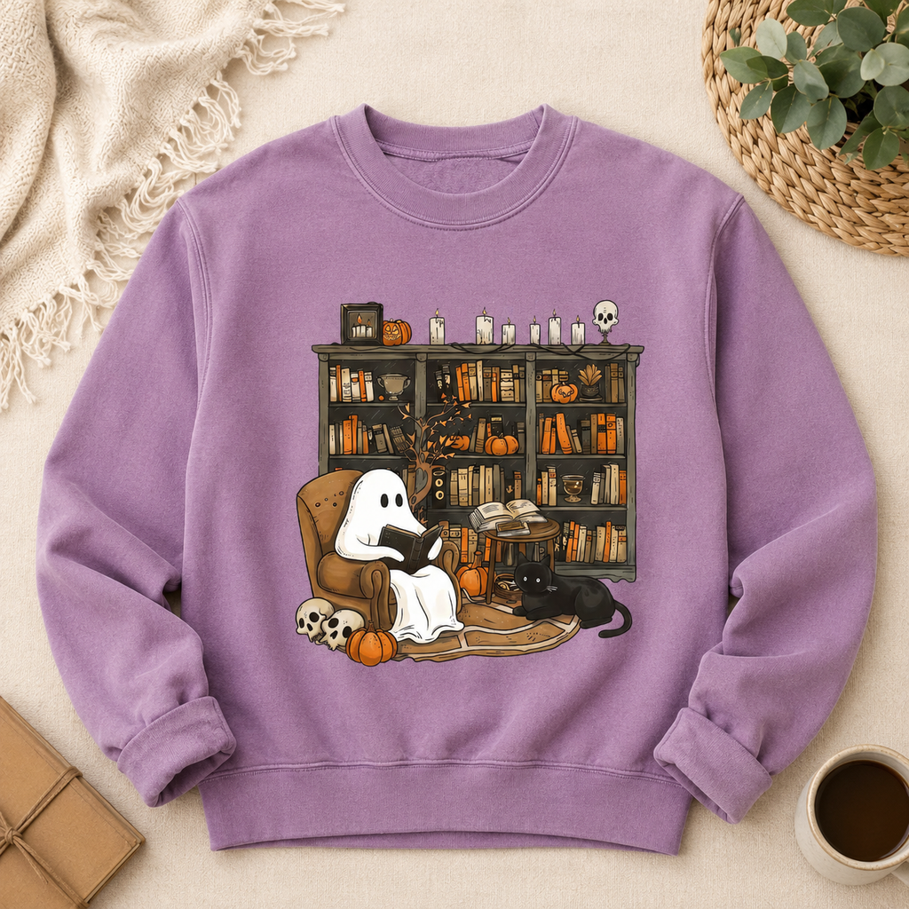 Cozy Ghost Reading Sweatshirt, Cute Halloween Library Crewneck, Spooky Book Lover Shirt, Black Cat Pumpkin Fall Gift