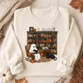 Cozy Ghost Reading Sweatshirt, Cute Halloween Library Crewneck, Spooky Book Lover Shirt, Black Cat Pumpkin Fall Gift