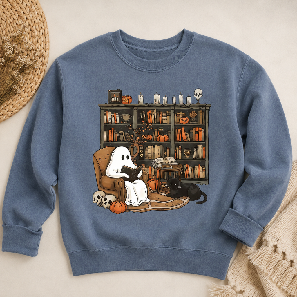 Cozy Ghost Reading Sweatshirt, Cute Halloween Library Crewneck, Spooky Book Lover Shirt, Black Cat Pumpkin Fall Gift