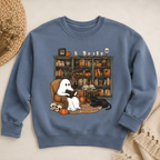 Cozy Ghost Reading Sweatshirt, Cute Halloween Library Crewneck, Spooky Book Lover Shirt, Black Cat Pumpkin Fall Gift