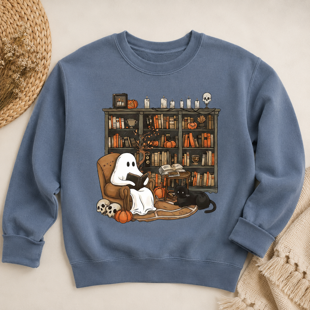 Cozy Ghost Reading Sweatshirt, Cute Halloween Library Crewneck, Spooky Book Lover Shirt, Black Cat Pumpkin Fall Gift
