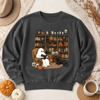 Cozy Ghost Reading Sweatshirt, Cute Halloween Library Crewneck, Spooky Book Lover Shirt, Black Cat Pumpkin Fall Gift