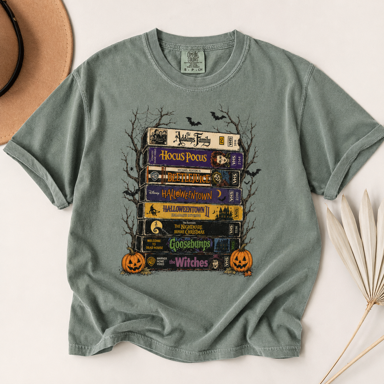 Vintage Halloween Movie Stack Comfort Colors Shirt, Retro VHS Horror Tee, Spooky Pumpkin Graphic T-Shirt, Halloween Gift