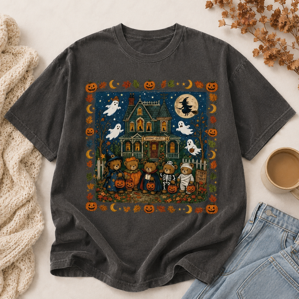 Cute Halloween Teddy Bear Shirt, Spooky Guest Haunted House Tee, Ghost Pumpkin Fall T-Shirt, Trick Or Treat Graphic Shirt