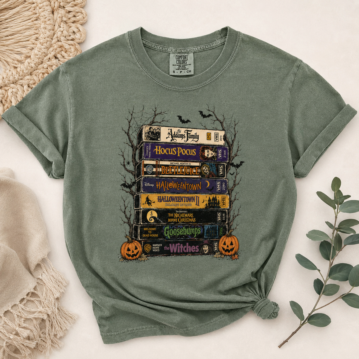 Vintage Halloween Movie Stack Comfort Colors Shirt, Retro VHS Horror Tee, Spooky Pumpkin Graphic T-Shirt, Halloween Gift